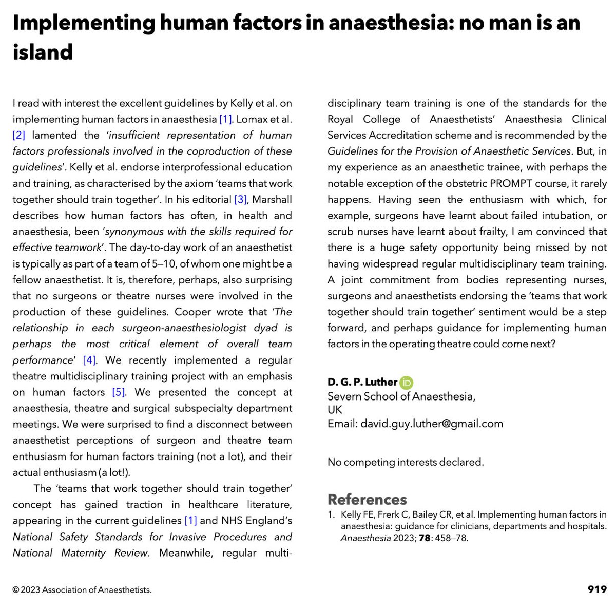 🔓Implementing human factors in anaesthesia: no man is an island.

'I am convinced that there is a huge safety opportunity being missed by not having widespread regular multidisciplinary team training.'

🔗…-publications.onlinelibrary.wiley.com/doi/10.1111/an…