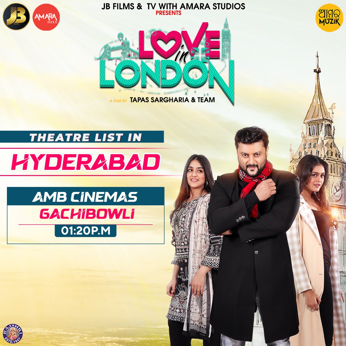 AmaraMuzik's tweet photo. " LOVE IN LONDON " Theatres List in Hyderabad
is here !!
BOOK YOUR TICKETS NOW > https://t.co/SQFdGVQgiV
@AnubhavMohanty_ #SwapnaPriyadarsini #SomyaSachdeva @TapasSargharia
@naveen_bhandari @suraj_mohnot
#BlockbusterLoveInLondon #LoveInLondon
#LIL #AmaraMuzik https://t.co/vo9I4ZBdHl