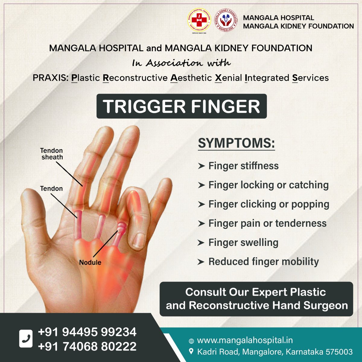 Plasticity renders services of Hand Surgery at Mangala Hospital, Mangalore. #handsurgery #handsurgeon #triggerfinger