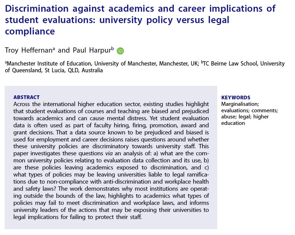 New paper out about student evaluations and the law. The paper finds that: - Most universities operate outside the law in how they use evaluations. - If you've been denied promotion/employment because of your evaluations, you potentially have a legal case. tandfonline.com/eprint/ECVXRY8…