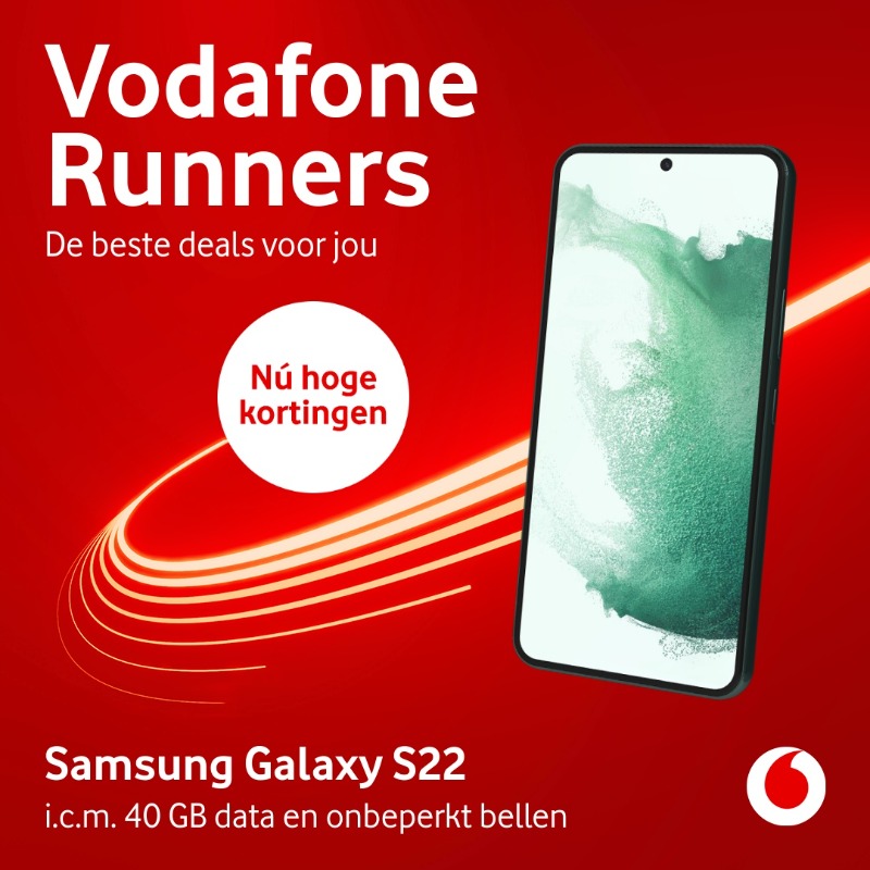 vodafoneNL's tweet photo. Ze zijn terug! De Vodafone Runners. Met de beste deals voor jou. Ontdek de Samsung Galaxy S22 met hoge kortingen.
