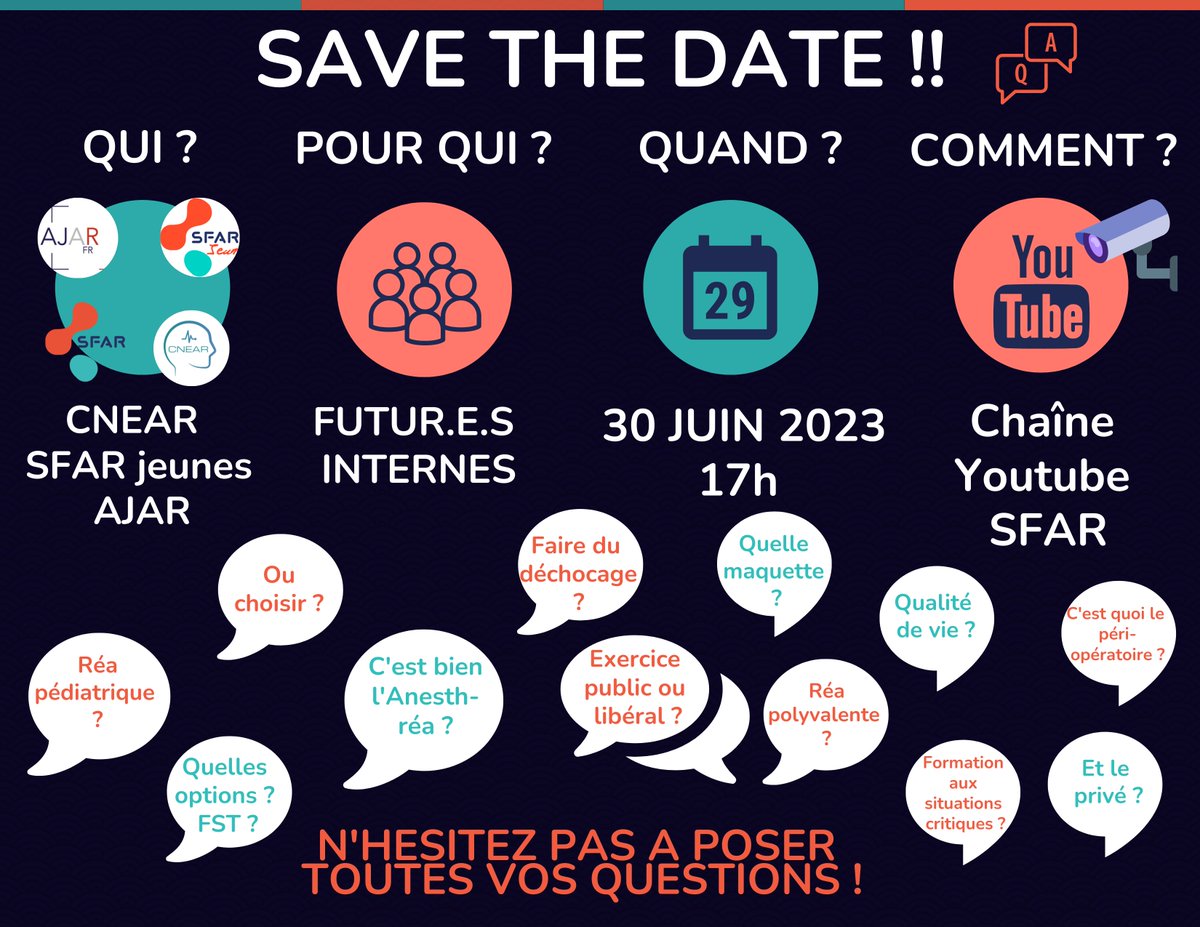 Le 30/06 à 17h sur notre chaîne YouTube

Émission spéciale pour les futurs internes afin de tout savoir sur l’anesth-réa et la médecine péri-opératoire. Vous pourrez éclairer votre choix avant de vous engager dans une spécialité attractive et polyvalente➡️youtube.com/channel/UCt6WB…
