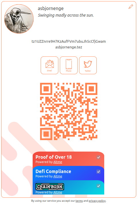 TezID_net's tweet photo. The TezID Profile will now display any @Altme_io proofs you have associated with the address 🤩 🙏 

The "Defi Compliance" proof from AltMe is the replacement for our previous KYC proof 💖 

#tezid #tezos #kyc #altme #defi https://t.co/eV6AVuQfz6