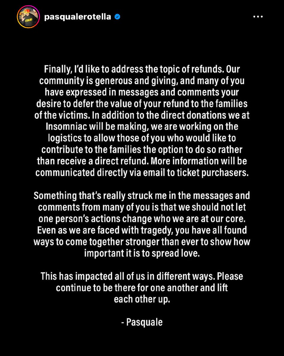 New statement from @PasqualeRotella on refunds for Day 2 at Beyond Wonderland and donations in the names of the two that were killed.