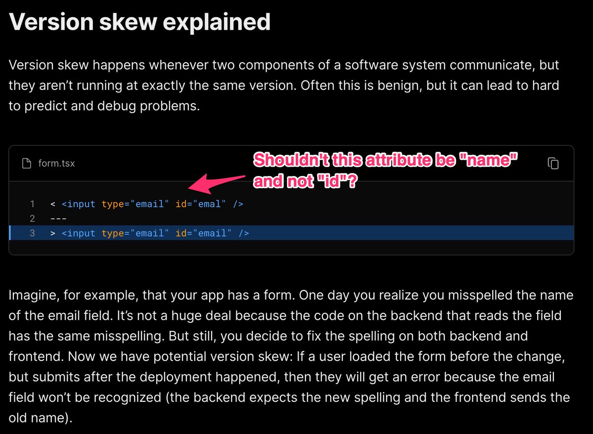 valscion's tweet photo. @cramforce @vercel Shouldn't the code example explaining version skew use `name` and not `id` in the input element if you want to explain what gets sent to backend? https://t.co/U15fkdoqqy