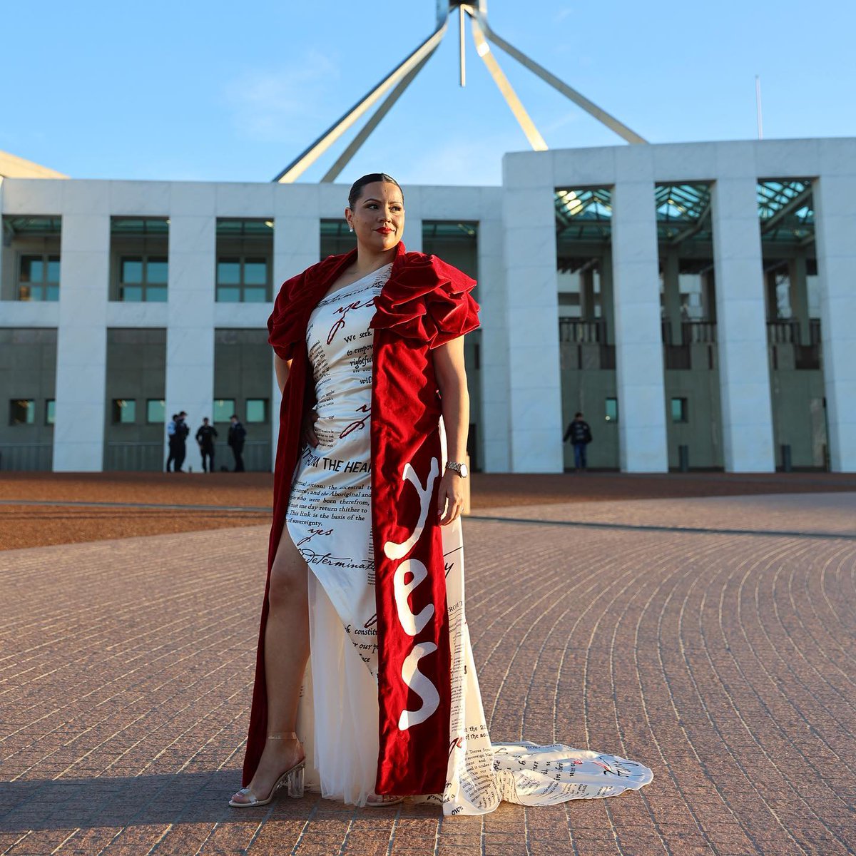 firstpeoplesvic's tweet photo. Wearing a statement 🖤💛❤️

Senator Jana Stewart wore this pro-Voice dress, made by Clothing the Gaps, to the Parliament Mid Winter Ball. The dress was designed to spark conversations about the upcoming referendum, and that it did!

📸 Clothing the Gaps https://t.co/p5DyUQs2ZI