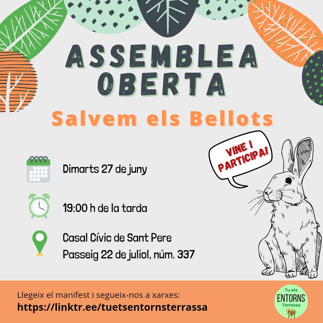 💥 *ASSEMBLEA OBERTA: SALVEM ELS BELLOTS* 💥

Vine i participa a l'assemblea oberta del següent dimarts 27 de juliol a les 19h al Casal Cívic de Sant Pere💪

T'hi esperem🌱