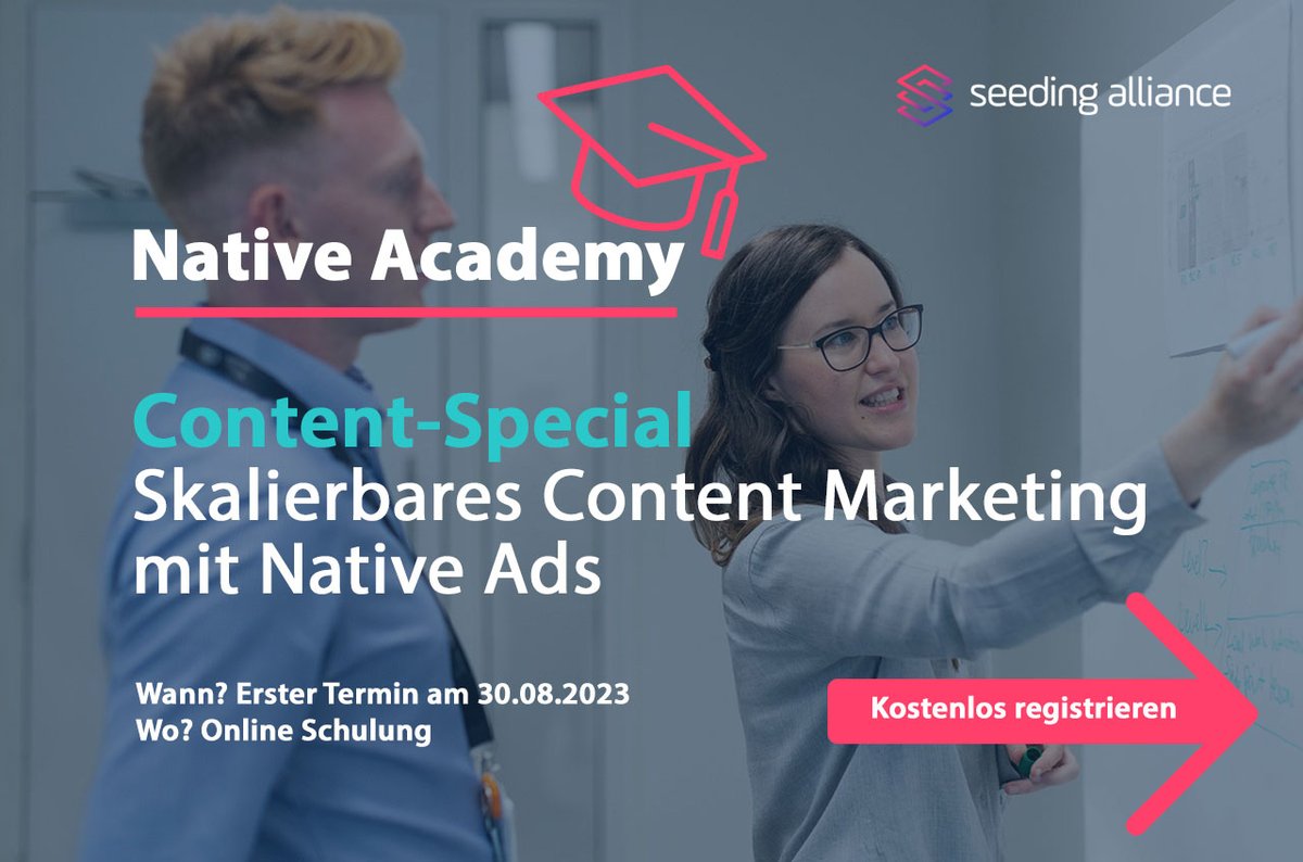 Unsere Native Academy startet durch! 🎓🎉 Am 30.08.2023 findet unser erstes Webinar statt. Schnell registrieren und True Native Advertising richtig verstehen! 📣💡

Jetzt unter seeding-alliance.de/messe-event/wi… anmelden und keine wertvollen Insights verpassen! 🏃‍♀️🏃‍♂️