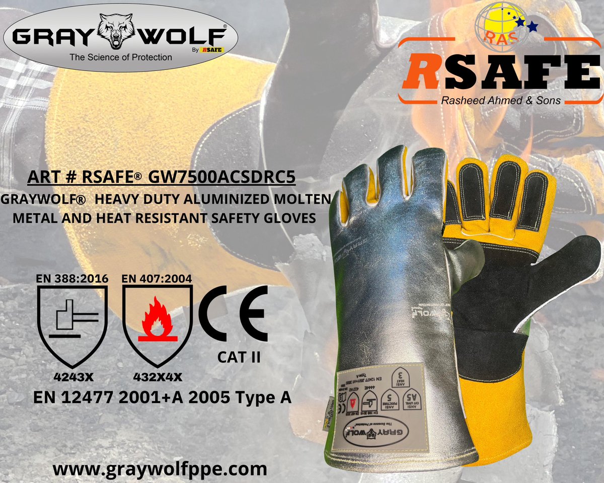 GRAYWOLF® Heavy duty aluminized molten metal and heat resistant safety gloves.
for more details please visit our website at graywolfppe.com
#RSAFEGLOVES #GW7500ACSDRC5 #graywolfppe #graywolfgloves #rsafepakistan #aluminizedgloves #weldinggloves #heatresistant #safety l