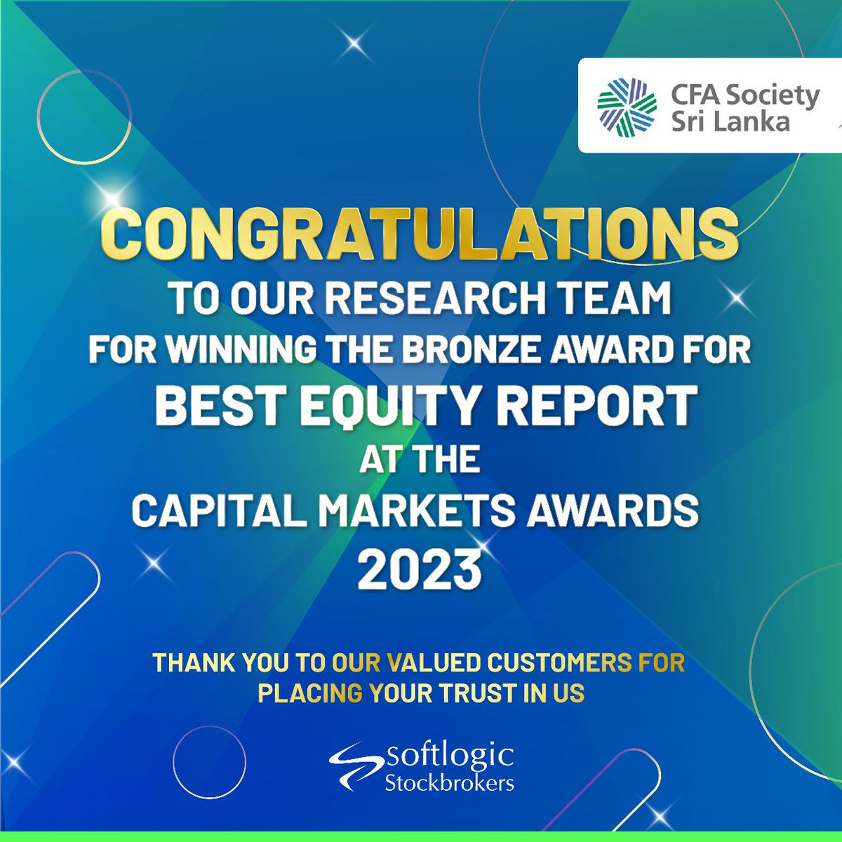 SoftlogicStock1's tweet photo. Congratulations!
To our Research Team for winning the bronze award for
BEST EQUITY REPORT
at the CAPITAL MARKETS AWARDS 2023
#CFAAWARDS https://t.co/rmEF4GV3UL