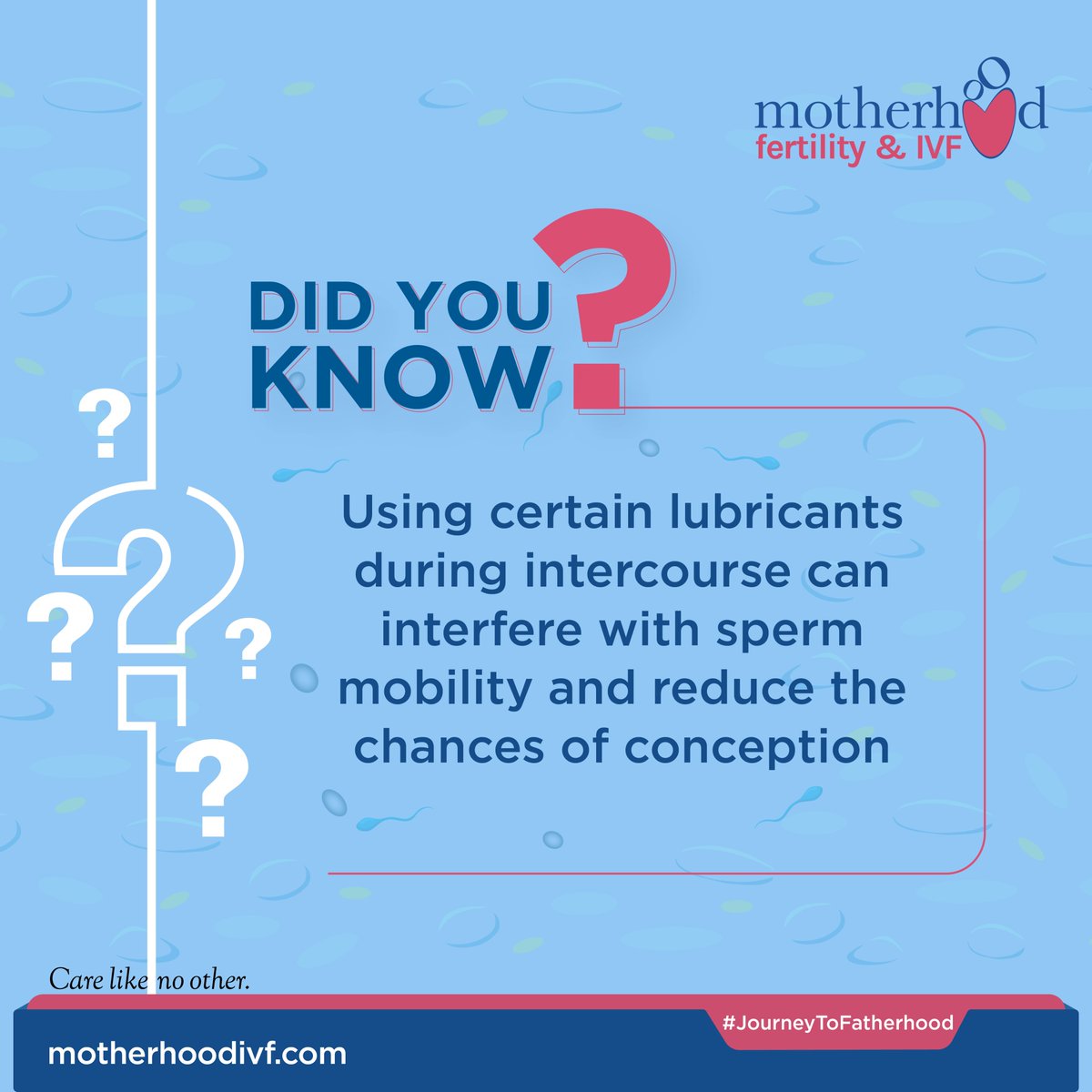 Some lubricants contain ingredients that may adversely affect sperm mobility, potentially impacting fertility. Consider choosing fertility-friendly lubricants to optimize your chances of successful conception.
#JourneyToFatherhood #MotherhoodFertilityAndIVF #MotherhoodIVF #IVF
