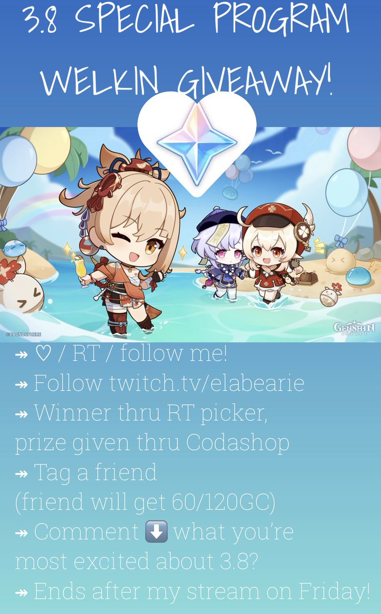 elabearie_VT's tweet photo. 🏖️3.8 Special Program #Welkin #Giveaway 🏖️

↠ ♡ / RT / follow me
↠ follow https://t.co/jOkbPx07NR
↠ winner via RT Picker, prize via Codashop
↠ tag a friend!
↠ ⬇️ what are you most excited for in 3.8?
↠ ends after my stream on Friday

Happy 3.8! #genshintwt #GenshinImpact https://t.co/c3KlNXbFTP