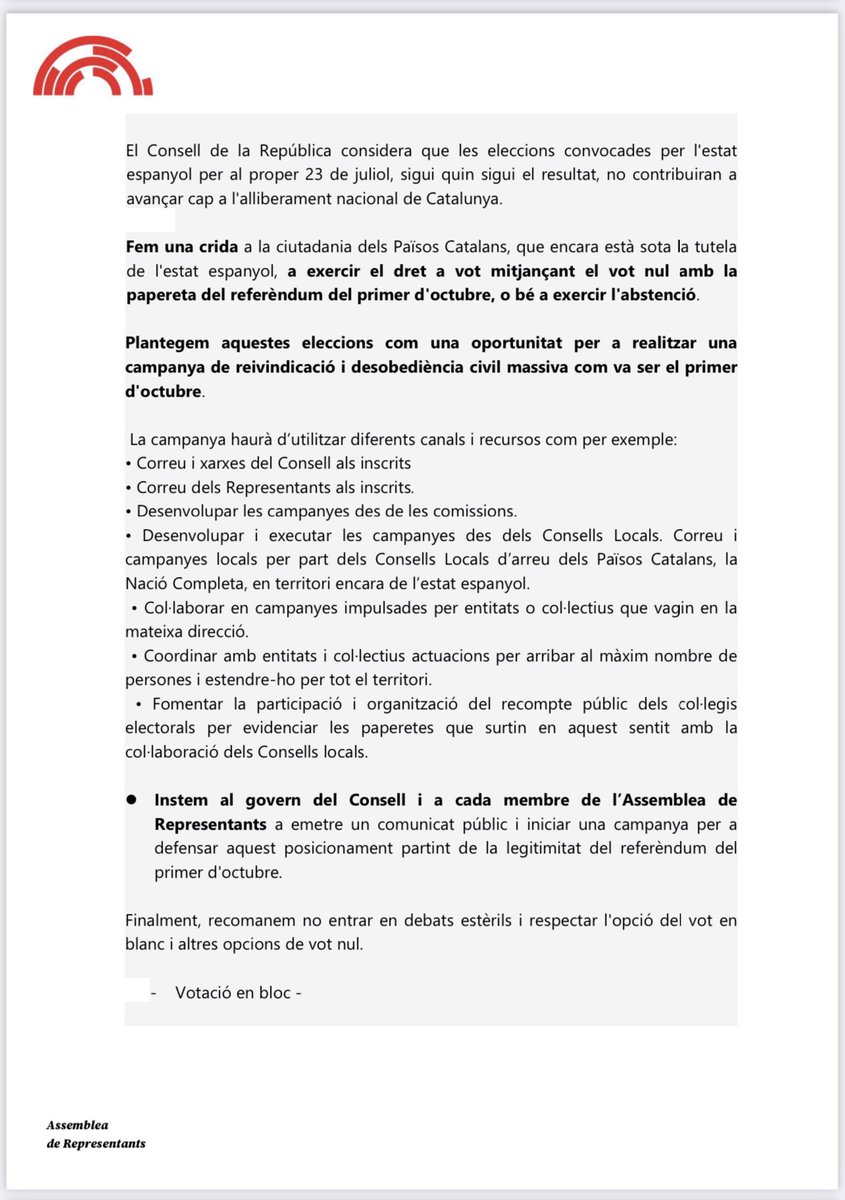 CdeRCAPI (@cxrcapi) on Twitter photo A la darrera reunió de la comissió, es va debatre i aprovar la següent Proposta de Resolució que elevarem al proper plenari de l’<a href="/ARepresentants/">Assemblea de Representants</a> sobre el posicionament que ha de defensar el <a href="/ConsellRep/">Consell de la República Catalana</a> el 23J
Resultat de la votació:
14 vots favorables
1 vot contrari
1 abstencions A la darrera reunió de la comissió, es va debatre i aprovar la següent Proposta de Resolució que elevarem al proper plenari de l’<a href="/ARepresentants/">Assemblea de Representants</a> sobre el posicionament que ha de defensar el <a href="/ConsellRep/">Consell de la República Catalana</a> el 23J
Resultat de la votació:
14 vots favorables
1 vot contrari
1 abstencions
