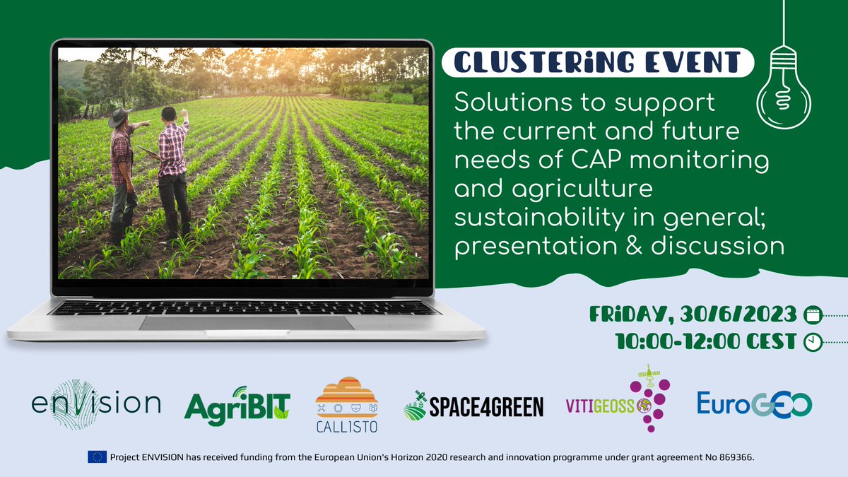 📣 “Solutions to support the current and future needs of CAP monitoring and agriculture sustainability in general; presentation and discussion”

🗓️30. 6. 2023, 10:00 - 12:00 CEST

ℹ️ Agenda: lnkd.in/dds5nqrt

✍️Registration: lnkd.in/dwF4_xDK