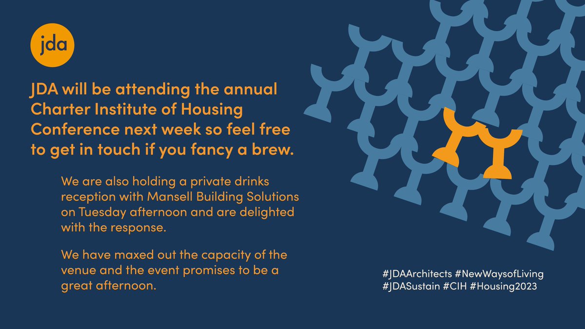 We're excited for @CIHhousingconference next week &amp; catching up with friends &amp; colleagues.

Our event with <a href="/Mansell_Build/">Mansell Build</a> on Tuesday is full, but there's plenty of other times to meet up, just give us a call!

#JDAArchitects #NewWaysofLiving #JDASustain #CIH #Housing2023