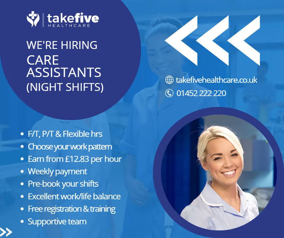 👩🏾‍⚕️👨‍⚕️👨🏾‍⚕️Calling experienced Care Assistants for Night Shifts in Gloucester! Are you looking for regular work? Join #TeamTakeFive today!! 

👉 🌐🔗 It’s easy to register - buff.ly/3onrAg3  

#GloucesterCareJobs #TakeFiveHealthcare