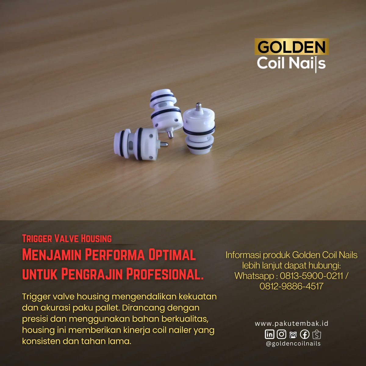 Trigger valve housing mengendalikan kekuatan dan akurasi paku tembak. 

#goldencoilnails #pallet #palletwood #palletkayu #paku #kayu #kayupallet #plywood #produksilokal #terbaik #CN55 #CN70 #coilnailer #onestopshopping