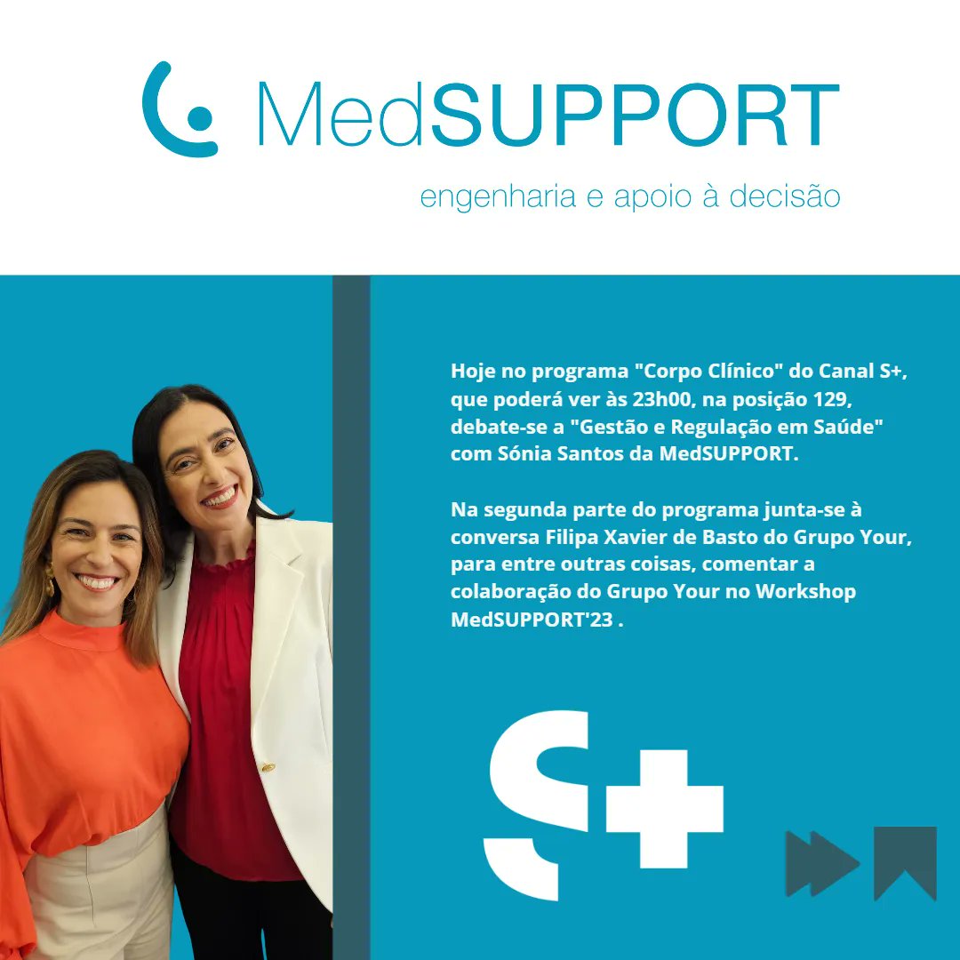 medsupportPT's tweet image. Hoje no programa "Corpo Clínico" do Canal S+, que poderá ver às 23h00, na posição 129, debate-se a "Gestão e Regulação em Saúde" com Sónia Santos da MedSUPPORT. Na segunda parte do programa junta-se à conversa Filipa Xavier de Basto do Grupo Your.  #medsupport #adoraatuaclinica