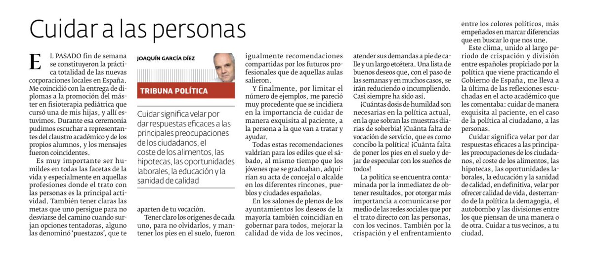 Este es mi último artículo publicado en el diario @elprogreso_Lugo @GPPopular @ppdegalicia @PPdeLugo @ppopular @PPConcelloLugo joaquingarciadiez.blogspot.com/2023/06/cuidar…
