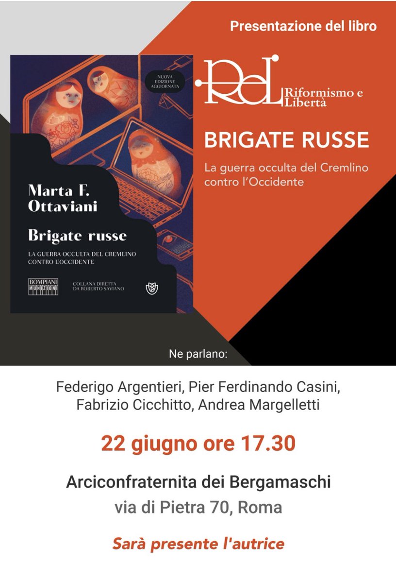 Oggi vi aspetto tutti a #Roma #brigaterusse #guerranonlineare #putin #disinformazione #ucraina e grazie a <a href="/cicchitto/">cicchitto</a> <a href="/libribompiani/">Bompiani</a>