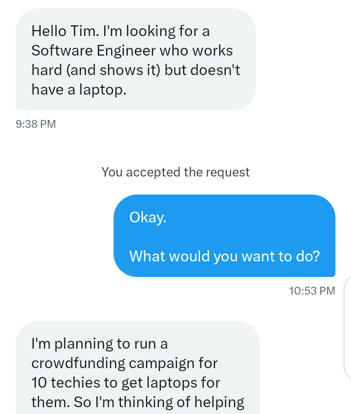 FREE Laptop!

Someone wants run a crowdfunding campaign for devs who doesn't have or has a broken laptop.

- Retweet
- Tag someone that needs this
- Share a solid reason you need a new laptop in the comments

PS: No DMs, I'm not the one giving it out and I have no affiliation.