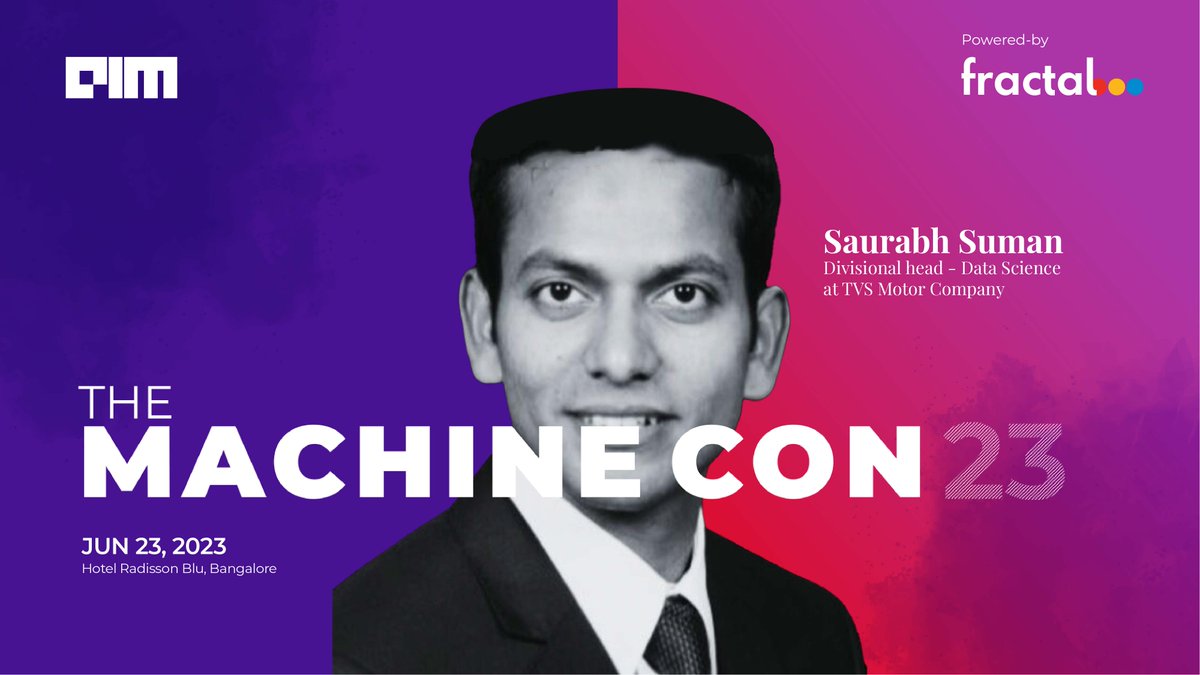 Analyticsindiam's tweet image. #MachineCon23 | June 23 | Bangalore
We are thrilled to announce that Saurabh Suman, Divisional head - Data Science at @tvsmotorcompany, will be joining us for an engaging panel discussion at MachineCon 2023.

Details- lnkd.in/gs65UPci

#machinelearning #analytics