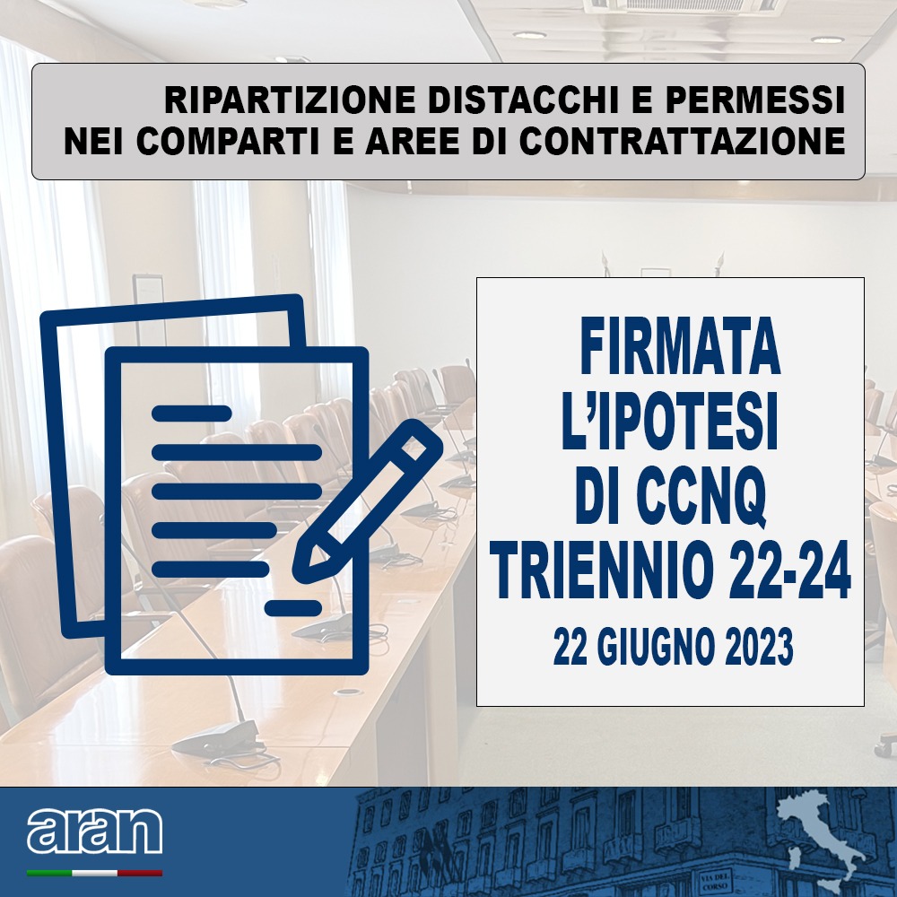 aran_agenzia's tweet photo. ‼️ Sottoscritta l'ipotesi di #CCNQ per la ripartizione dei #distacchi e dei #permessi tra le associazioni sindacali rappresentative nei #comparti e nelle #aree di contrattazione nel triennio 2022/2024 ‼️ https://t.co/ObxiRhXmdM