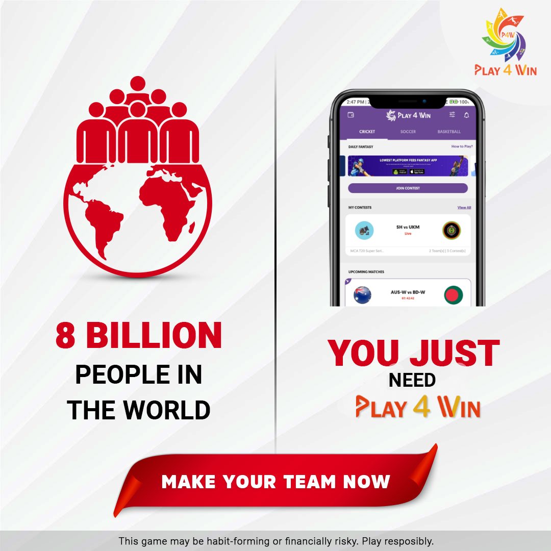 Play4Win app par khelo aur jeeto! Download the #Play4Win app now.

#PLay4Win #8billion #score #khelocricket #kheloindia #team #apnagamekhelo #fantasysportsapp #fantasysports