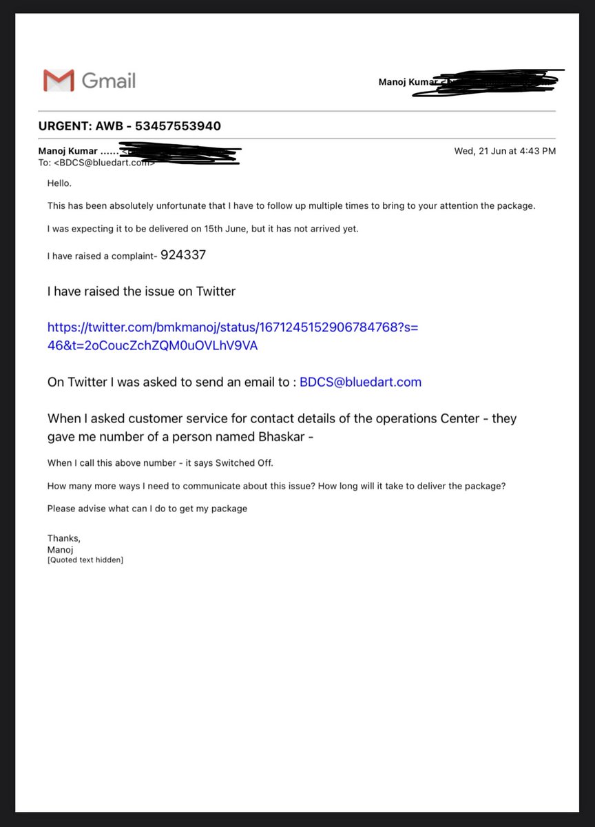 bmkmanoj's tweet photo. @BlueDartCares I already wrote an email to BDCs@bluedart.com. There has been no response to it yet. How are you expecting me to write again ? https://t.co/xDbLg13JIh