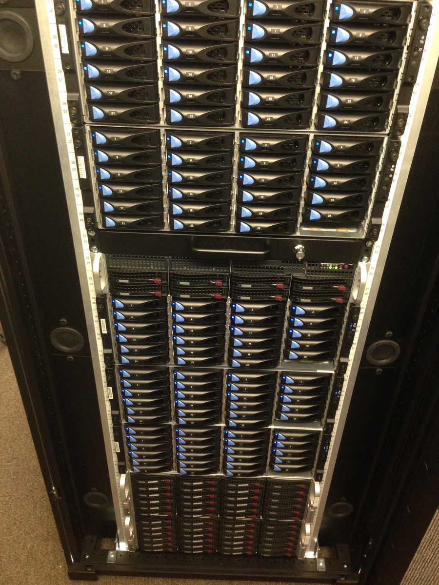 For my next build in 2016 I used @QuantaQCT 24 bay JBODs and 8TB HGST @westerndigital  SAS Drives. This @TrueNAS system including backup totalled 672TB. Bottom of the rack there are a couple of 36 bay @Supermicro_SMCI all-in-ones offering approx 100TB each as scratch space.