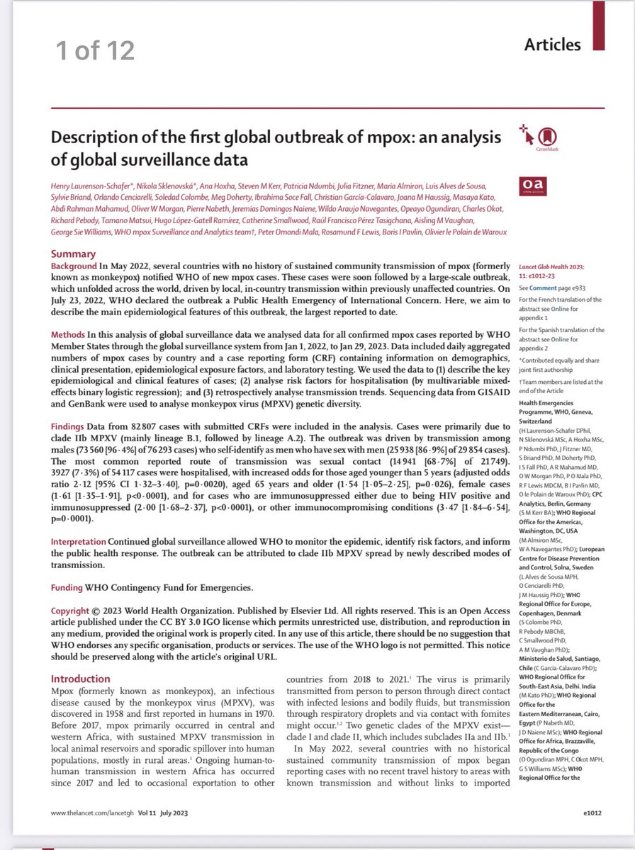 New publication led by @WHO colleagues describes largest global mpox outbreak. Using global surveillance data, they describe key outbreak epidemiological features Underscores the importance of strengthening surveillance to inform public health response bitly.ws/JeD3