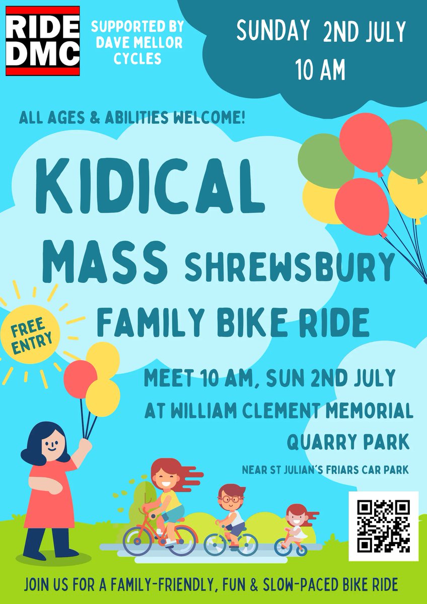 Kidical Mass Shrewsbury Family-Friendly Bike Ride 2nd July 10 am. Let's pedal together, have fun, explore our beautiful town, and create lasting memories!  Don't miss it!  #Shrewsbury #KidicalMassShrewsbury #KidsOnBikes #FamilyCycling