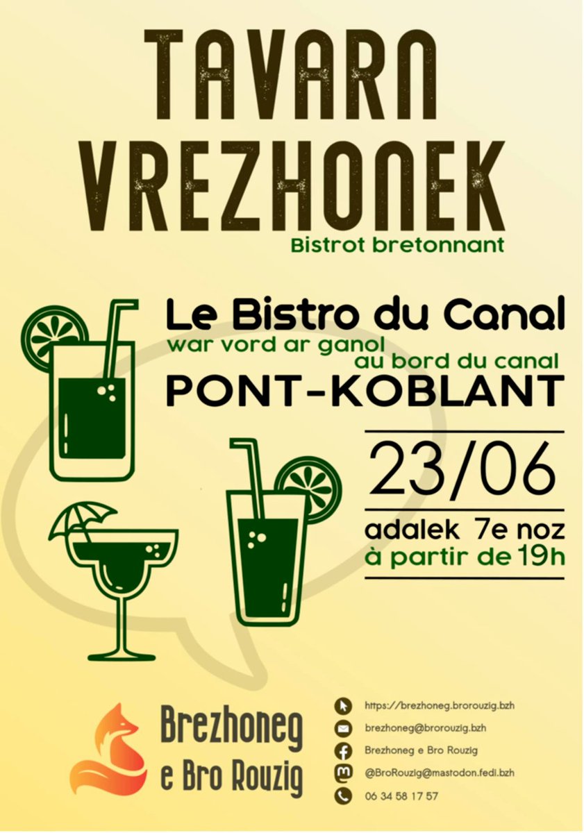 BzhgBroRouzig's tweet photo. C'est bientôt le premier weekend d'été ! Venez donc fêter ça en breton, au Bistrot du Canal de #PontCoblant ce vendredi, à partir de 19h ! 🍹🥤

#LangueBretonne #BroRouzig https://t.co/rlKP9LTcS9
