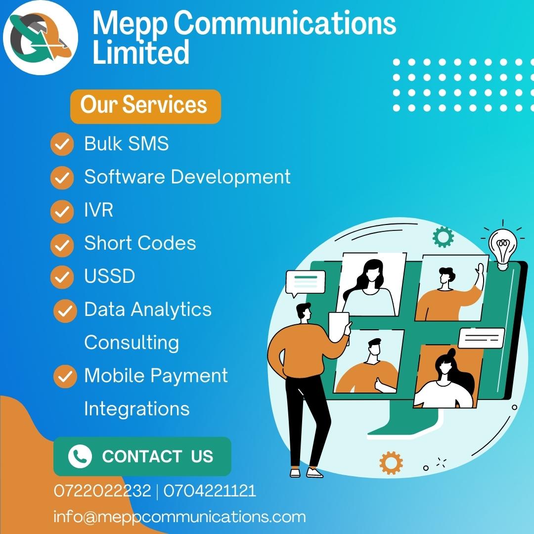 mepplimitedKE's tweet image. Mepp Communications is a Premium Rate Service Provider (PRSP) in KENYA offering Bulk SMS, Shortcodes, USSD and IVR (Interactive Voice Response) services.
#bulksms #bulksmsservices #shortcode #ivr #ussd