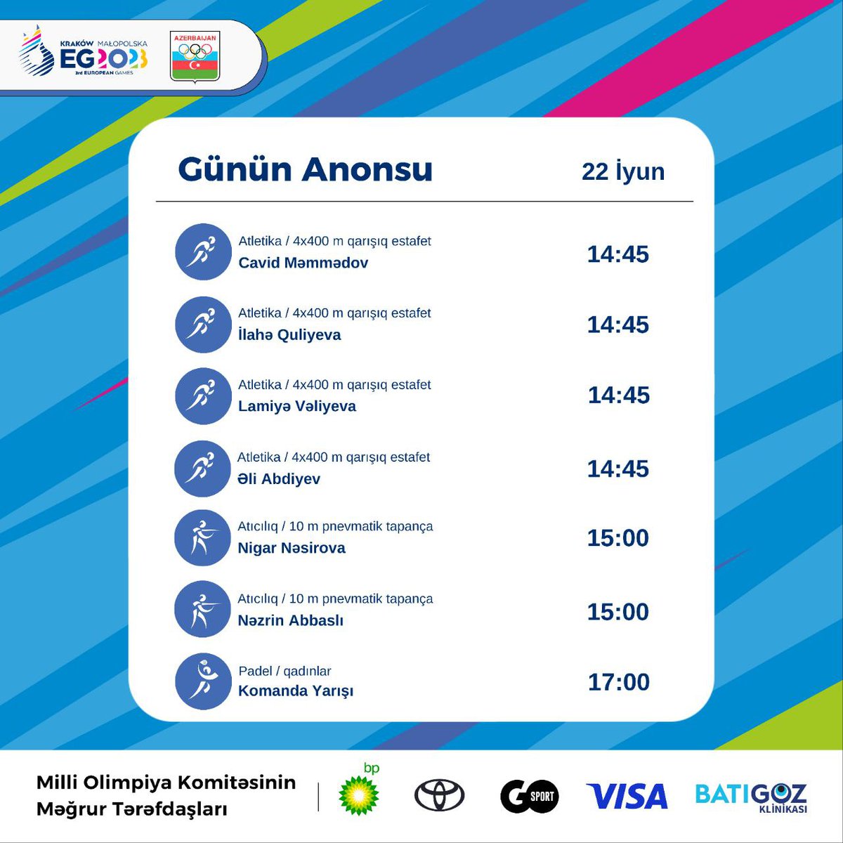 III Avropa Oyunlarının 2 gününün anonsunu diqqətinizə təqdim edirik. 🗓

Bu gün ilkin olaraq atletikadan və karatedən olan idmançılarımız yarışacaqlar.

İdmançılarımıza yeni qələbələr arzu edirik! 💪

#avropaoyunları2023 #teamAZE 🇦🇿
#Krakow2023 #3rdeuropeangames