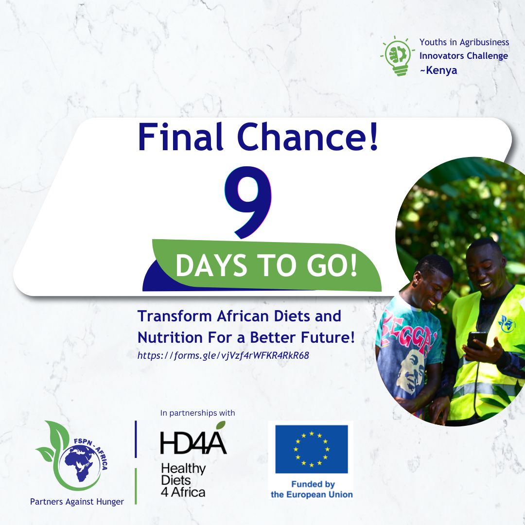 📢 Attention!

Kenyan Youths, your opportunity is here!🙌

You got this. Don't let it go.

Submit with us now: forms.gle/vjVzf4rWFKR4Rk…

#FSPNAfrica #PartnersAgainstHunger #HealthyDiet4Africa #TheShambaCalendar #YourFarmersGuardian #DigitalAgricultureAfrica #DigitizingSupplyChains