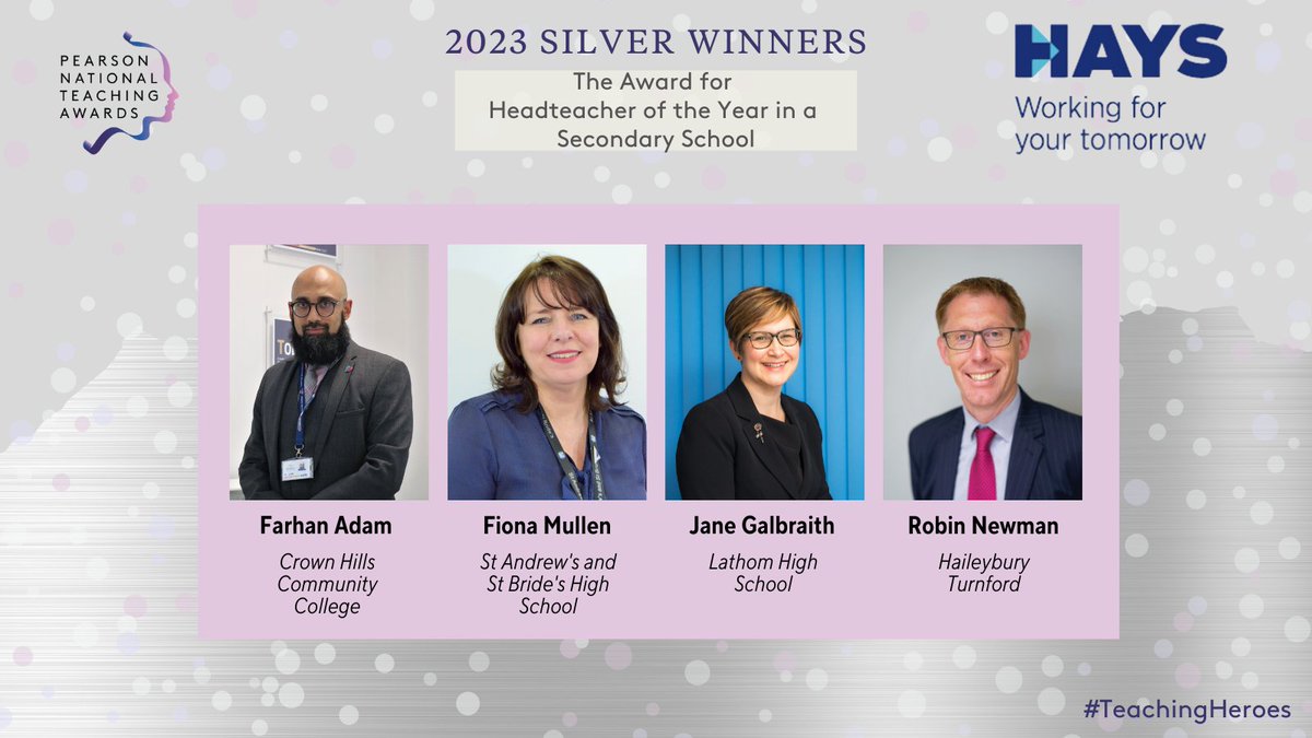 Hays is proud to support two Silver Awards at the Pearson Teaching Awards 2023, for Headteacher Of The Year in a Primary School and Headteacher Of The Year in a Secondary School. Visit teachingawards.com to see all the winners! #TeachingHeroes #TeachingAwards