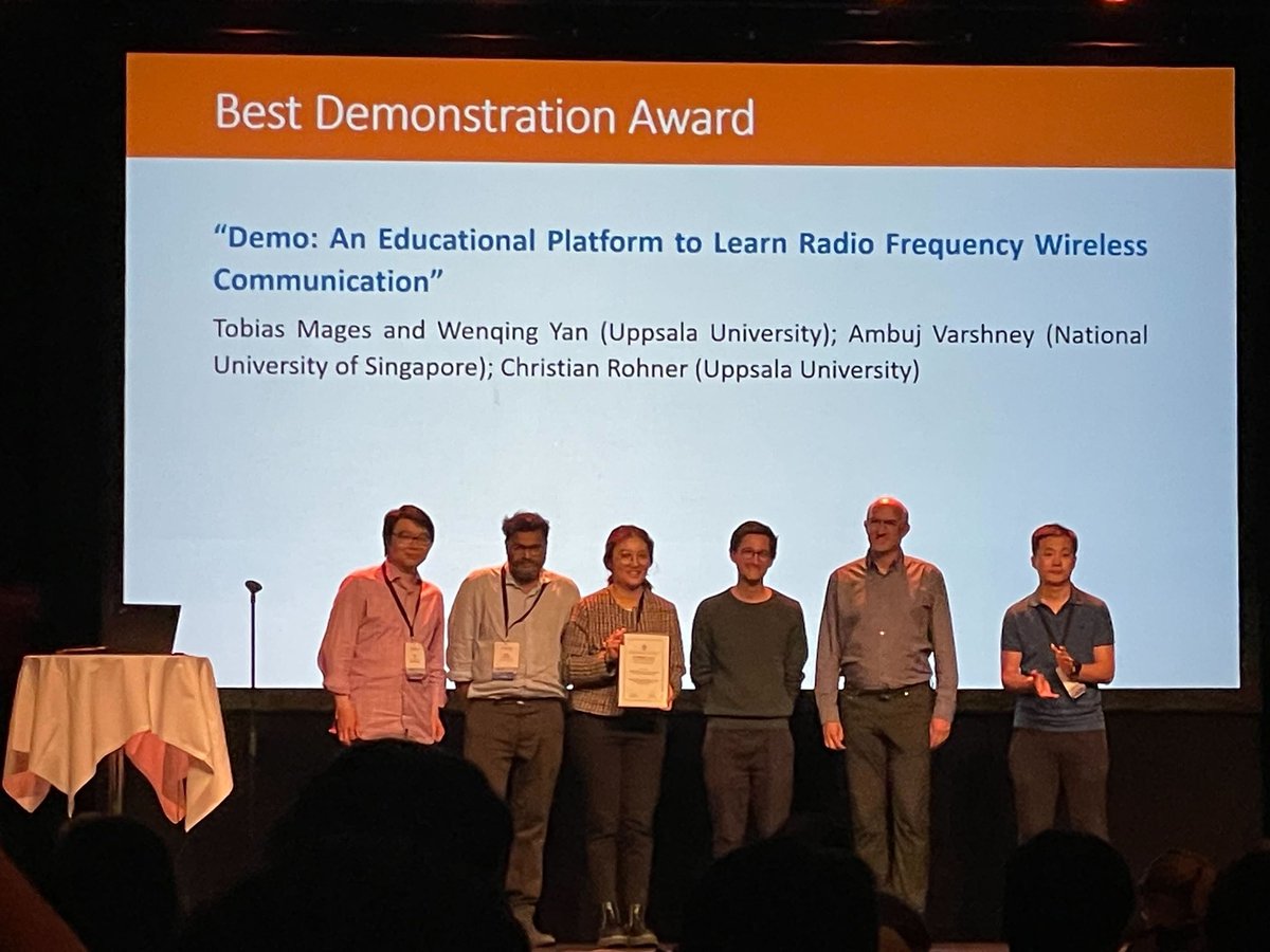 ambuj123's tweet photo. Fun collaboration to develop
a platform to teach wireless
communication which was done together with @yan_wenqing and others at @uppsalauni was awarded best demonstration award at #mobisys2023 @ACMMobiSys @NUSComputing https://t.co/k7AQgpGBkE