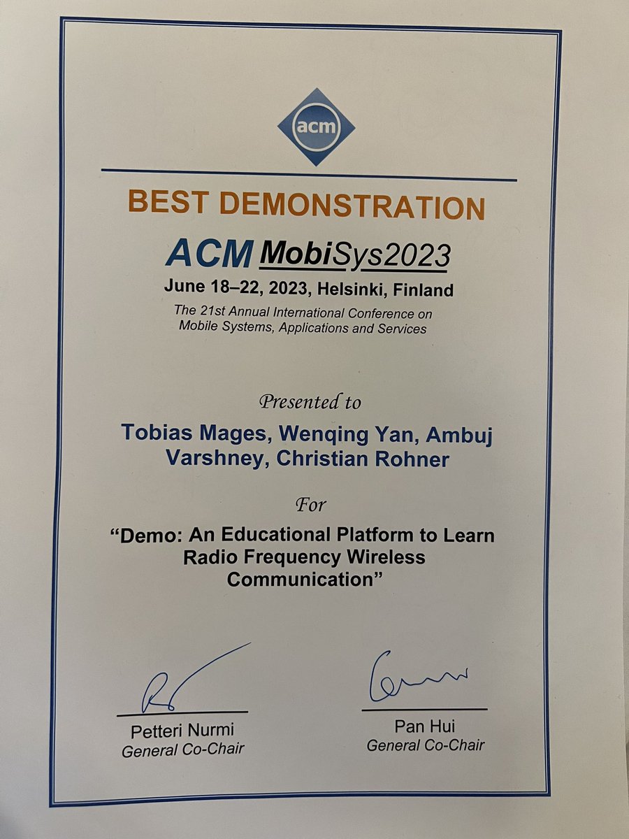 ambuj123's tweet photo. Fun collaboration to develop
a platform to teach wireless
communication which was done together with @yan_wenqing and others at @uppsalauni was awarded best demonstration award at #mobisys2023 @ACMMobiSys @NUSComputing https://t.co/k7AQgpGBkE