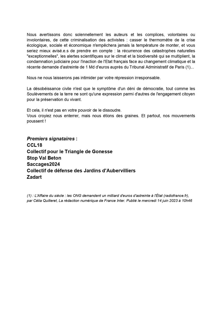 Voici notre communiquer suite à l'annonce de la dissolution des Soulèvements de la terre hier.

On ne peut dissoudre ce qui repousse partour