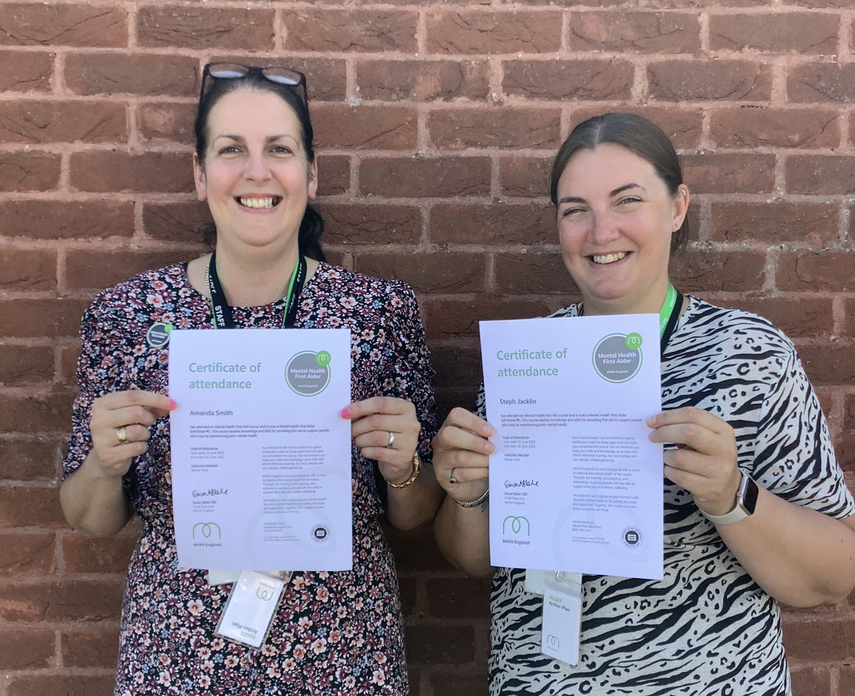 Congratulations and well done to Mrs Steph Jacklin and Mrs Amanda Smith, two members of our staff. They have just completed their training and are now qualified in Mental Health First Aid!
#MyWholeSelf #WellBeing #Inclusion #MentalHealth with @MHFAEngland