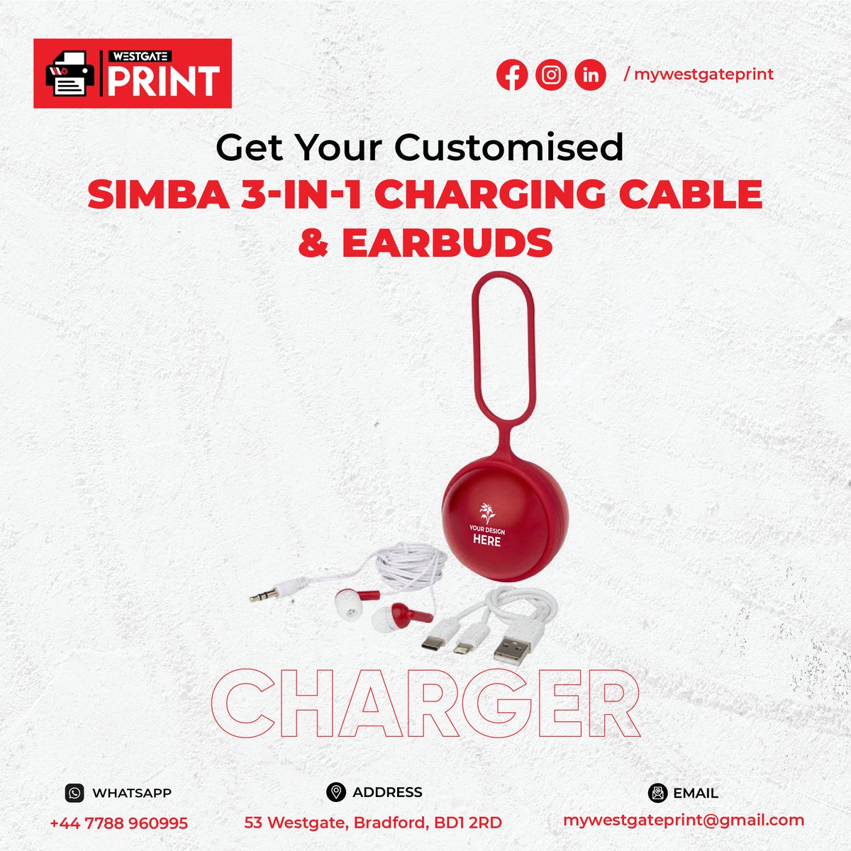 Order now for a seamless audio and charging experience.

#3in1ChargingCable #Earbuds #CustomAccessories #OrderNow #westgateprint_BradFord #uk #mailboxesetc #Real_WestgatePrintBradford #best_westgateprint_bradford #FastPrint_Bradford