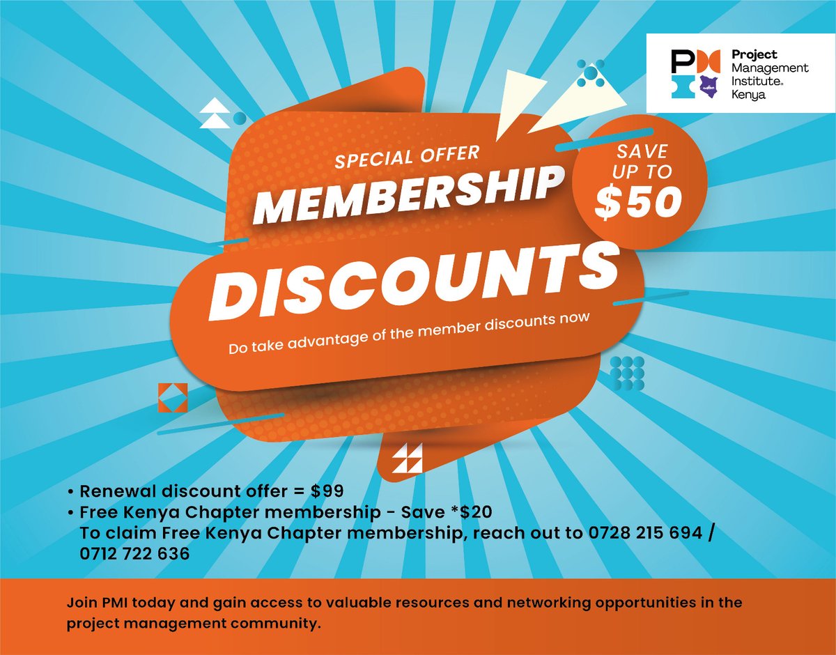 🙋♂🙋♀ Join PMI Global and PMI Kenya Chapter! Access resources, networking, and professional support. Register now! Contact Zipporah 0712 722 636 or Dennis 0728 215 694. Welcome to the PMI Community! 🤝 #PMIMembership #KaribuNyumbani