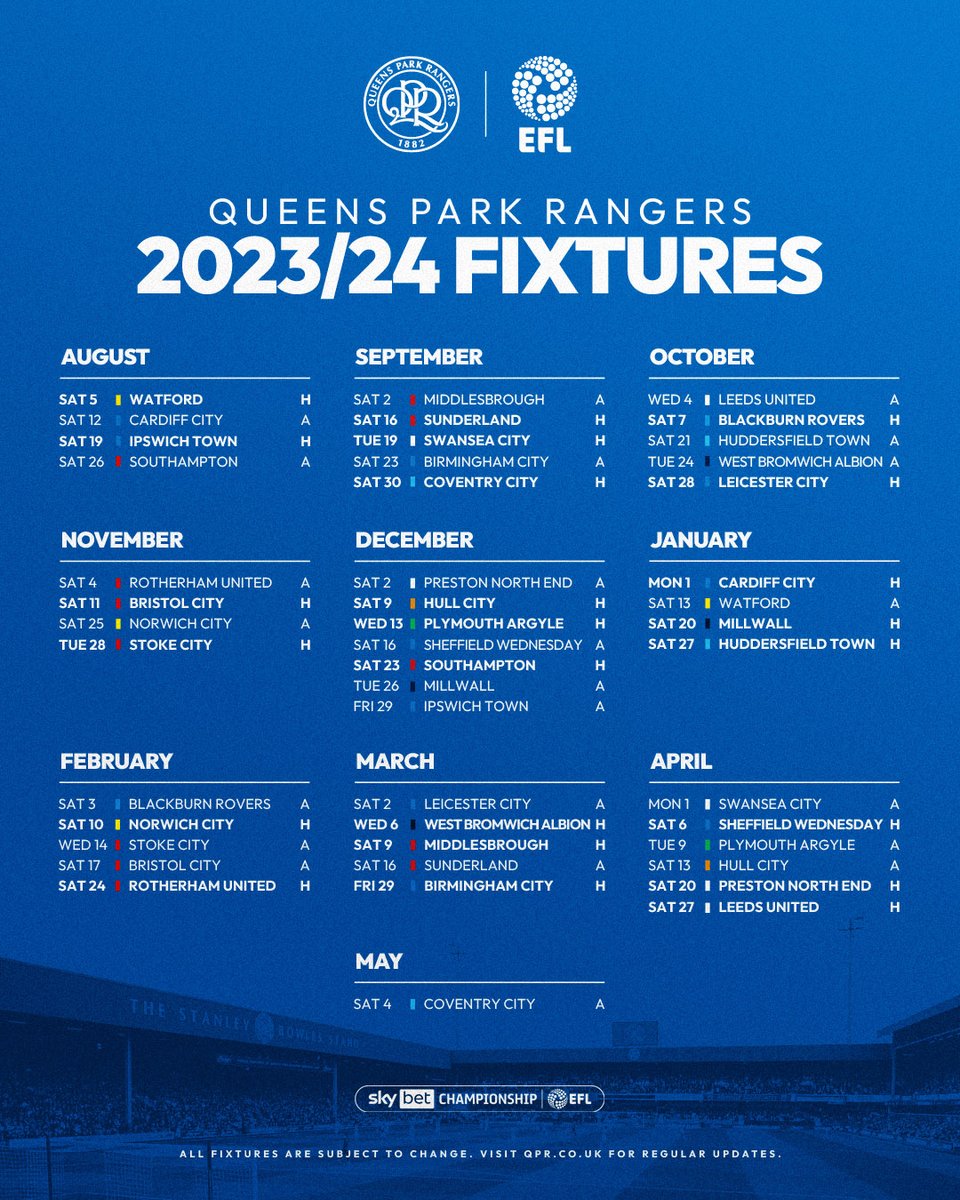 🗓 𝟮𝟬𝟮𝟯/𝟮𝟰 𝗙𝗜𝗫𝗧𝗨𝗥𝗘𝗦 🗓

It'll be Watford up first in W12 👀

#QPR | #QPRfixtures