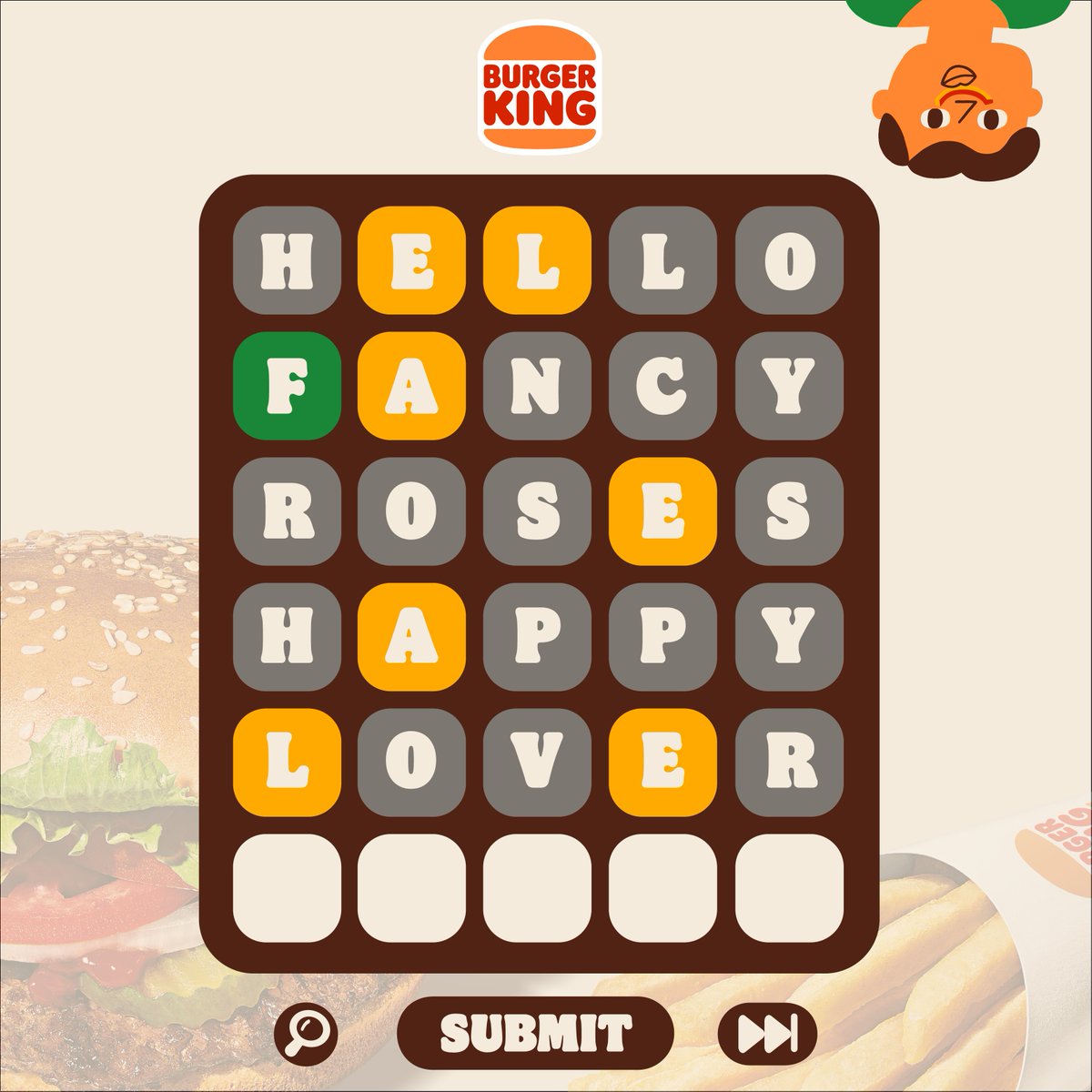 BurgerKingZA's tweet photo. Can you guess the final word? 👀
#BurgerKingSA #WordleFan #Wordle https://t.co/pyACgRNyOp