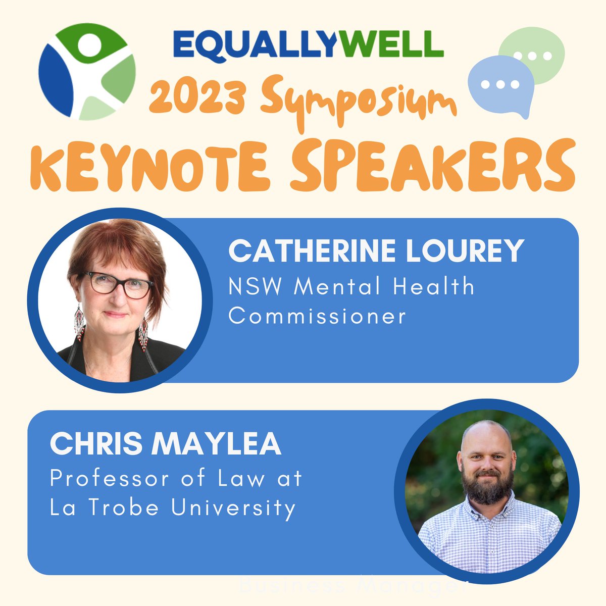 Meet the Keynote Speakers!

@CatherineLourey- experienced leader in mental health reform.

@chrismaylea  - social worker, lawyer, Associate Professor and member of the Equally Well Project Team.

You can find their full bios here: equallywell.org.au/equally-well-s…