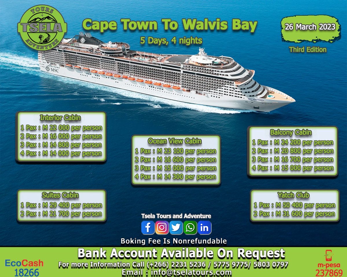 Tselatours's tweet image. “Remember that happiness is a way of travel, not a destination.” Remember the package include return flight tickets, airport transfers and cruise ticket with all meals as well as entertainment. #tselatours #msccruise #mscsplendida #namibia #welvisbay