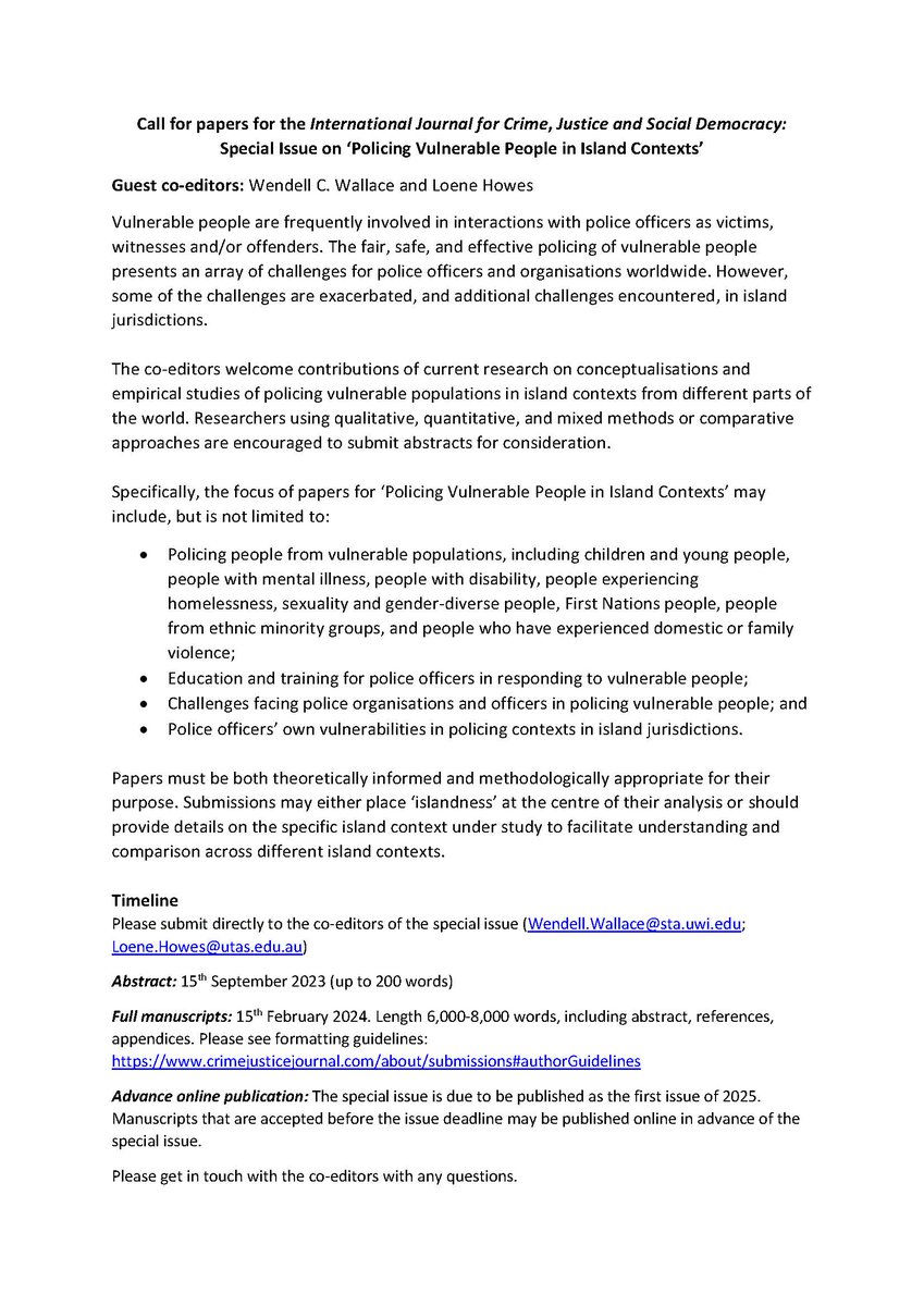 UTAS Criminology (@utas_crim) on Twitter photo If you would like to contribute to a <a href="/CrimJustJournal/">Journal for Crime, Justice & Social Democracy</a> Special Issue "Policing Vulnerable People in Island Contexts" co-edited by Wendell Wallace and our Loene Howes then check out this CFP 👇#police #cfp #criminology #island If you would like to contribute to a <a href="/CrimJustJournal/">Journal for Crime, Justice & Social Democracy</a> Special Issue "Policing Vulnerable People in Island Contexts" co-edited by Wendell Wallace and our Loene Howes then check out this CFP 👇#police #cfp #criminology #island