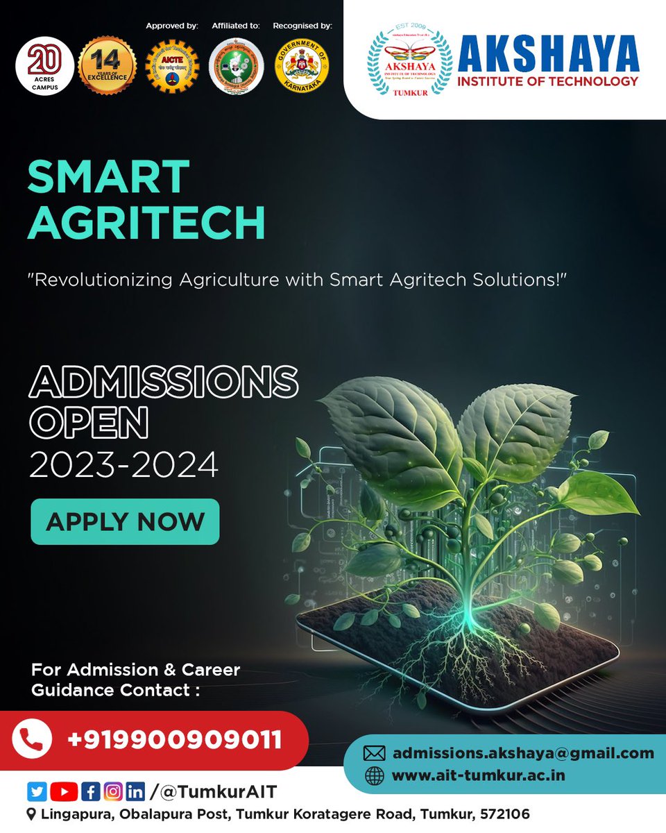 'Unlock your potential in the field of agritech at Akshaya Institute Of Technology - AIT Tumkur! 🌱🔬✨ Admission is now open for our Smart Agritech program. Don't miss this opportunity to join Karnataka's No.1 Engineering College and become a pioneer in the innovative world of