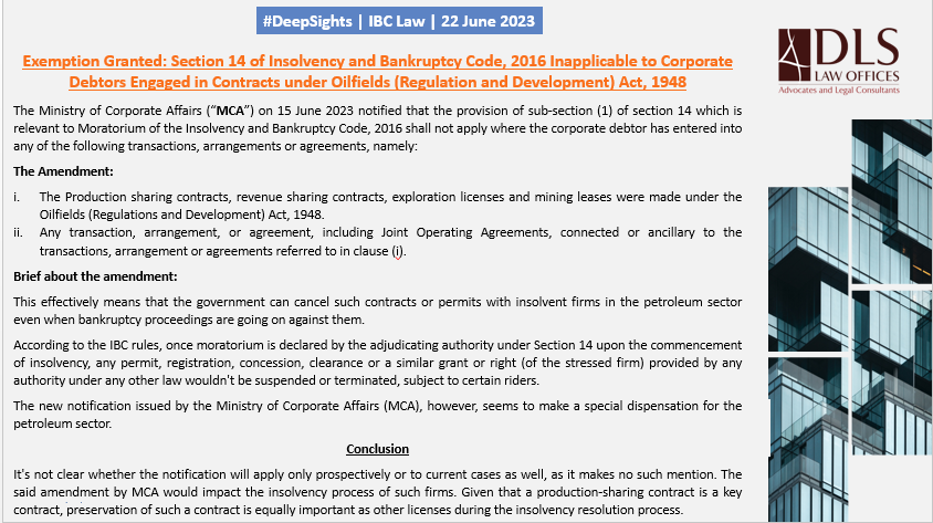 DLSLawOfficesIN's tweet photo. #DeepSights | IBC Law | 22 June 2023

Ministry of Corporate Affairs Exempts Corporate Debtors under Oilfields Act, 1948 from Section 14 of Insolvency and Bankruptcy Code, 2016

#CorporateDebtors #InsolvencyAndBankruptcyCode 
 #India #dlslawoffices #dls #DeepSights #legalupdate https://t.co/JuNlqfaMZe